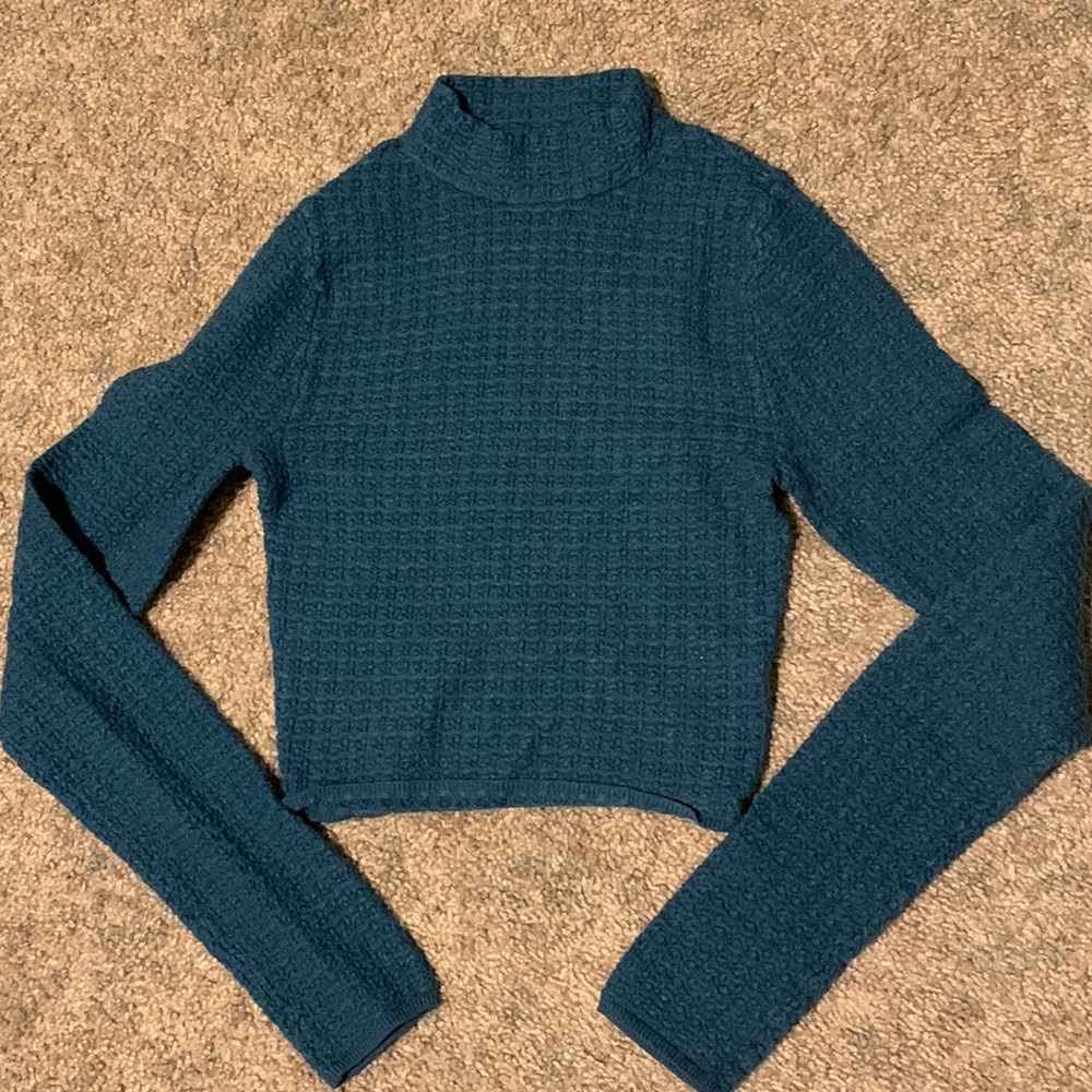Teal Mock Neck Waffle Knit Long Sleeve